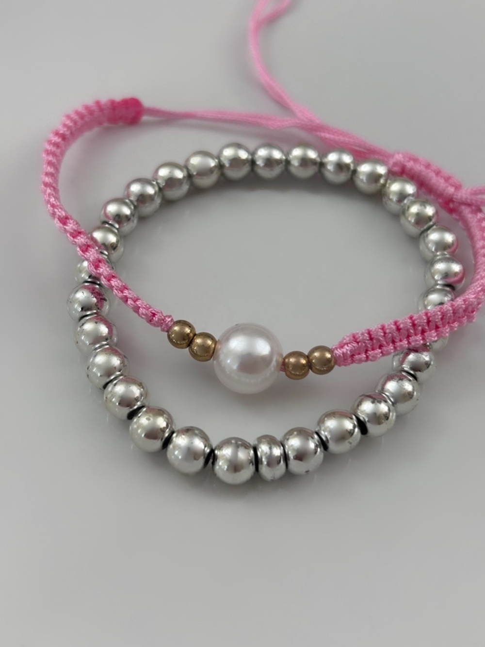 Pink Macramé Pearl & distressed Silver Bead Bracelet Set
